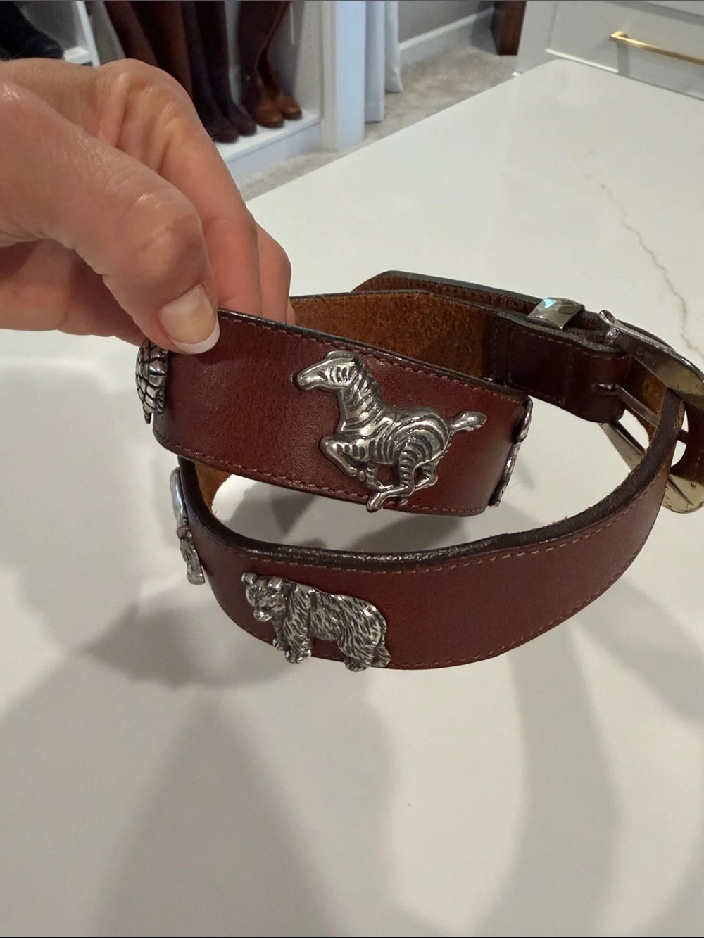 Vintage Brown Leather Brighton Belt with animals and Silver Buckle